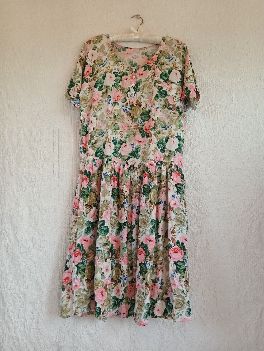 Vintage Garden Dress Floral Button-Front Midi Front Pocket Pink Green Soft Flowy - Picture 11 of 11